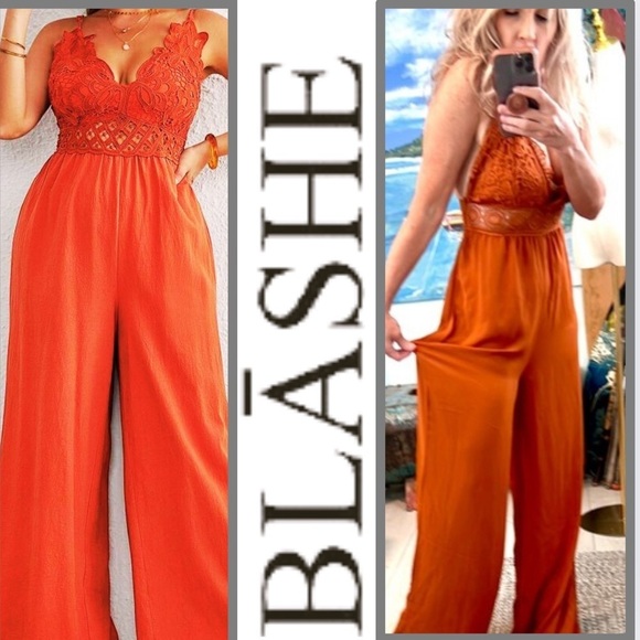 BLASHE Burnt Orange Crochet, Crossed-Back, Strap Halter,Wide Leg Jumpsuit,Size L - Picture 1 of 16